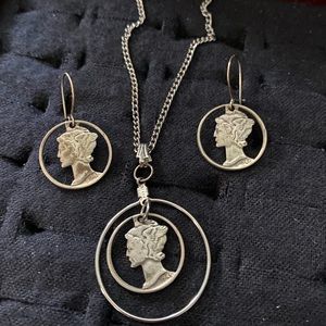 Mercury head dime necklace and earrings